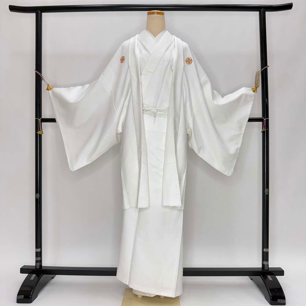 男紋付 2点セット 男着物 紋付 ポリエステル 羽織 長着 裄73cm L size 白 五つ紋 中古 成人式 5041