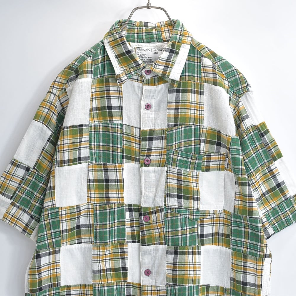 Stüssy ステューシー パッチワーク マドラスチェック 半袖シャツ ストリート 古着 緑 白 黄 USED ヴィンテージ ビンテージ 古着 メンズ Lサイズ相当