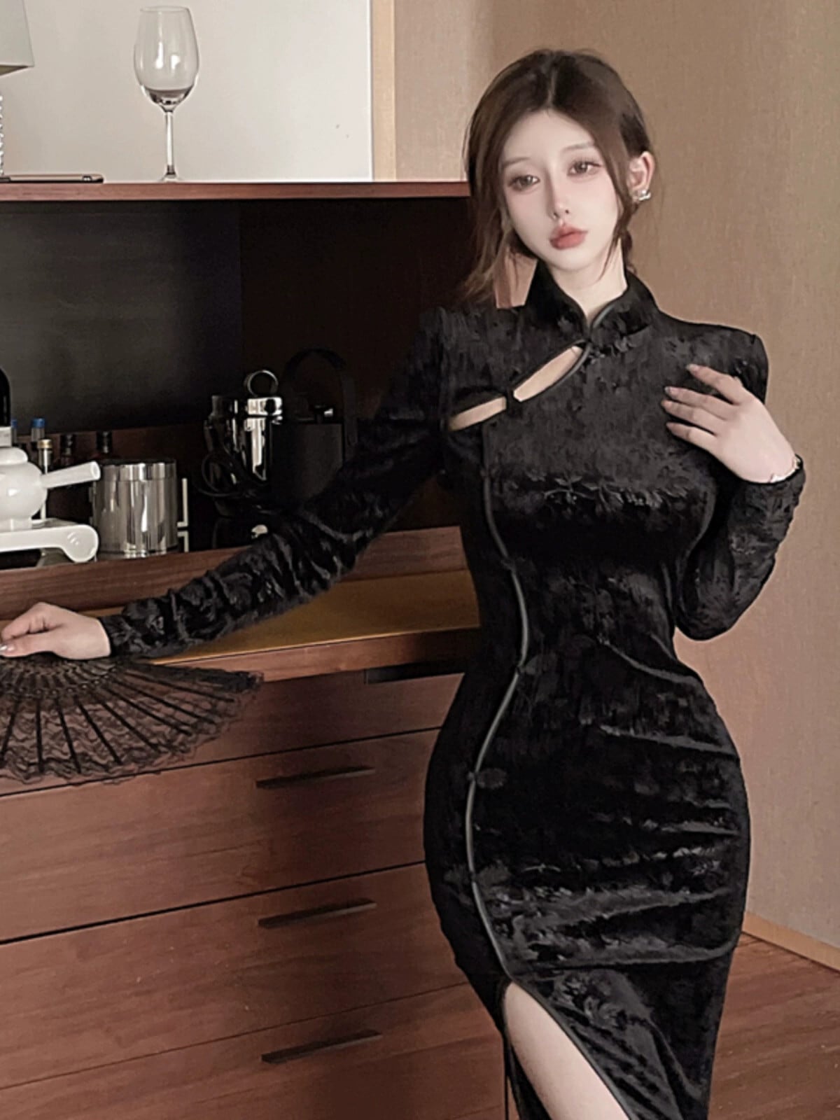 レディース ドレス ソリッドカラー非対称裾包帯ドレス 04総レース&frasl; ファッション 女性のセクシーな中空アウト長袖レース