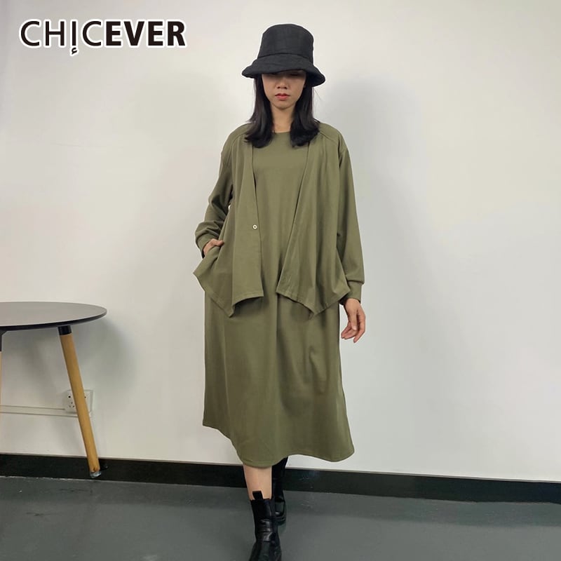 CHICEVERヴィンテージドレス女性Oネック長袖パッチワークルーズフェイクツーAラインミッドドレス2021服 ロング ビンテージ 6base551220406399