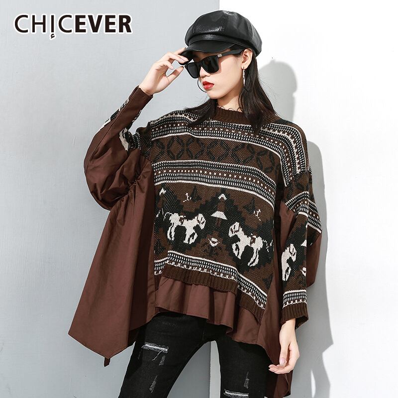 CHICEVERパッチワークニットシャーリングレディースセーターOネックバットウィングスリーブ非対称プルオーバーセーター2020秋 オータム 秋物 6base5901492963
