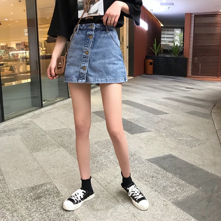 キュロット ショートパンツ スカート ミニ丈 ショート丈 ボタン デニム Aライン 韓国ファッション 大人可愛い きれいめ カジュアル Luluca 韓国トレンドファッションluluca ルルカ