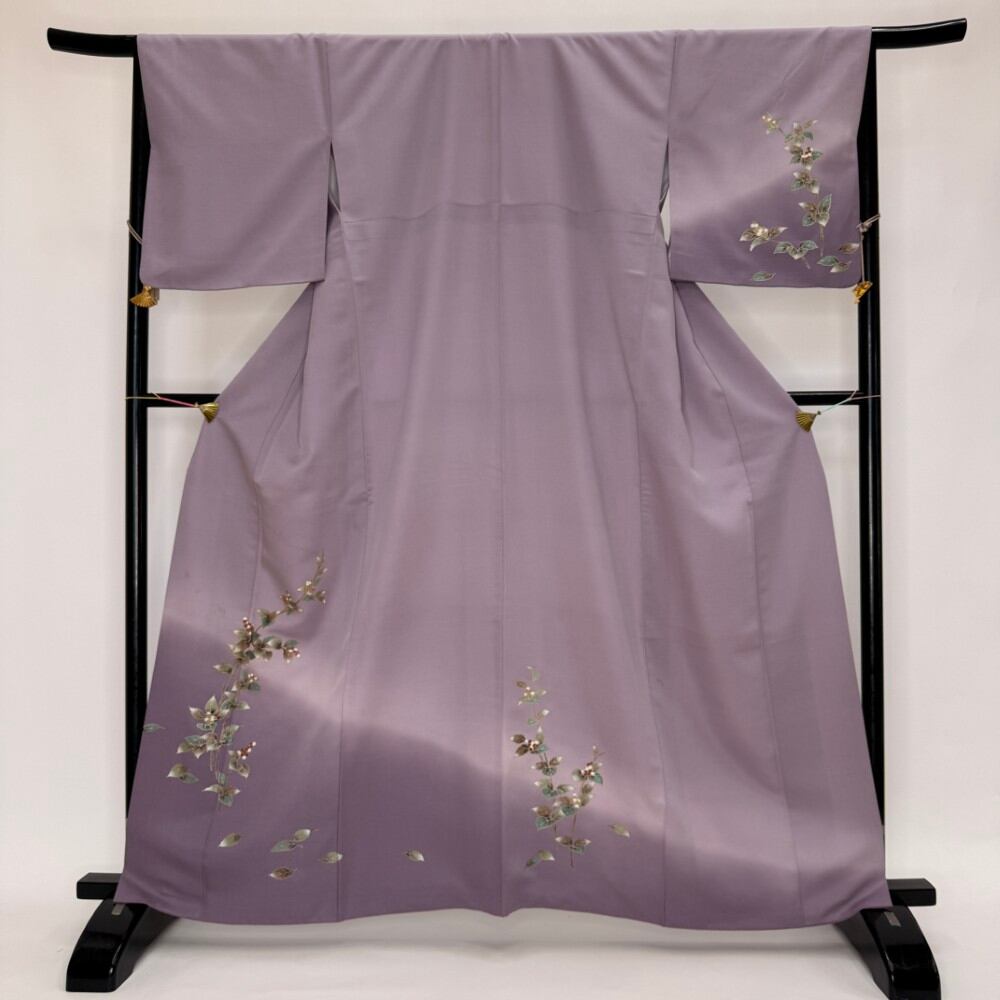 訪問着 付け下げ 紫 花柄 裄66.7cm M サイズ 礼装 ポリエステル 結婚式 6338