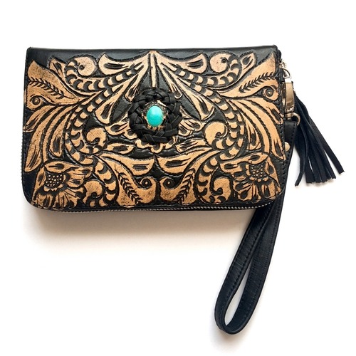 ボヘミアン 本革 レザー タッセル付 ウォレット(黒 カービング×ターコイズ) ミラー付 財布 長財布 パスポート入れ【バリ直輸入】