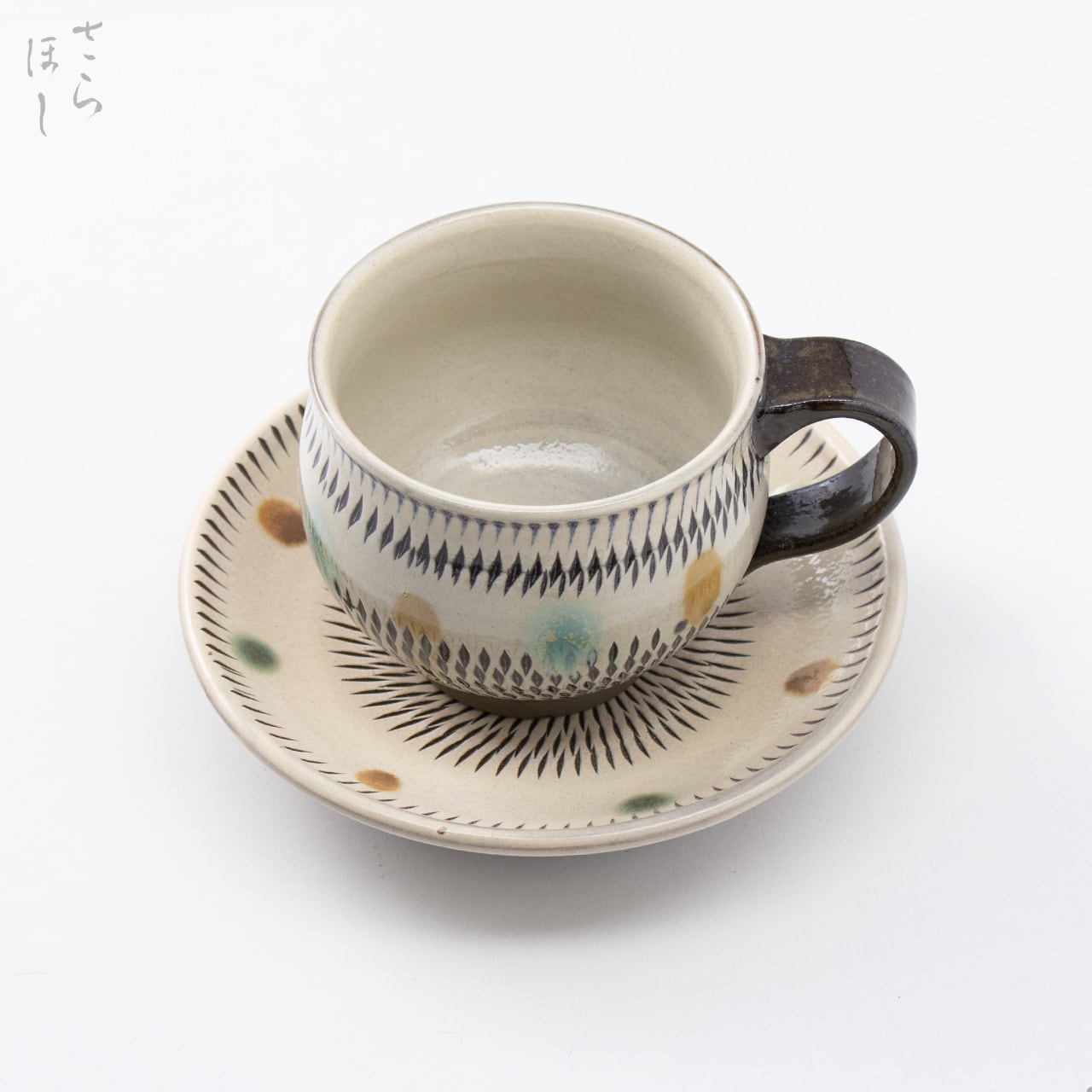 小鹿田焼 小袋窯【コーヒーカップ＆ソーサーセット】飛びかんな 赤青