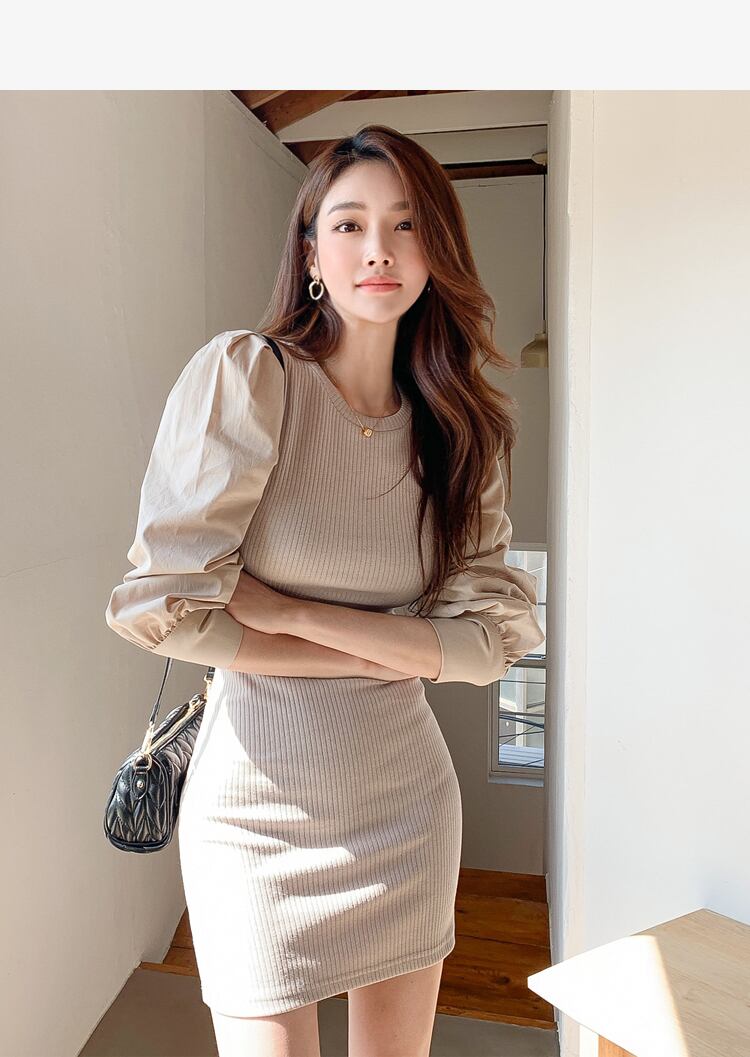 デザイン性抜群 フェイクインナー ゆったり 無地 ニットワンピース ミニ 肩出し