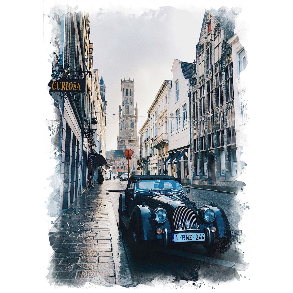 絵画 ベルギー風景画(街並み) ブルージュの鐘楼とクラシックカー の 