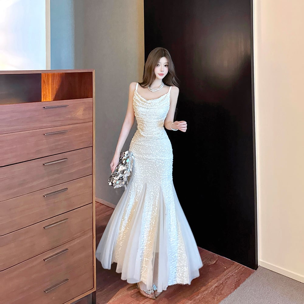 ロングドレス キャバドレス セクシー フレンチ風 上品 フェアリー マーメイドドレス ウエストマーク スパンコール ドレープネック JC2-DD6269