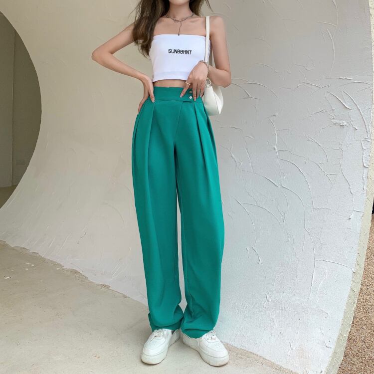 パンツ ソリッド カラーハイウェストウェスト薄手ワイドレッグサマールーズ 夏物 ワイドパンツ ソリッドカラー YY-ファッション69002687053