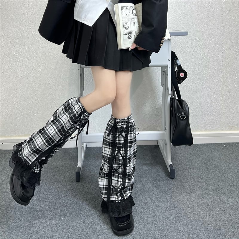 サブカル 服 地雷系 通販 レッグカバー チェック柄 ホワイト 編み上げ JKスタイル 原宿女子 かわいい 自発パンク