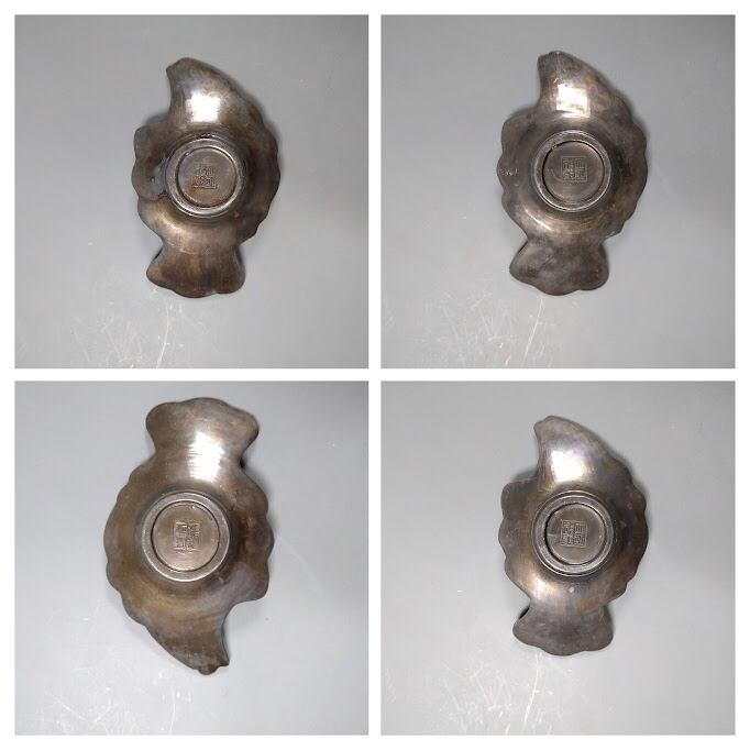 小さい茶托 時代物 錫製 魚形 錫茶托 ５枚組 煎茶道具 在印 小ぶり 托