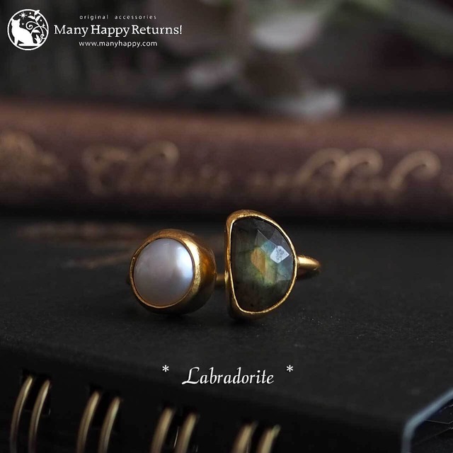 j-443 ラブラドライト＆淡水パール☆満月と三日月☆18KGPリング