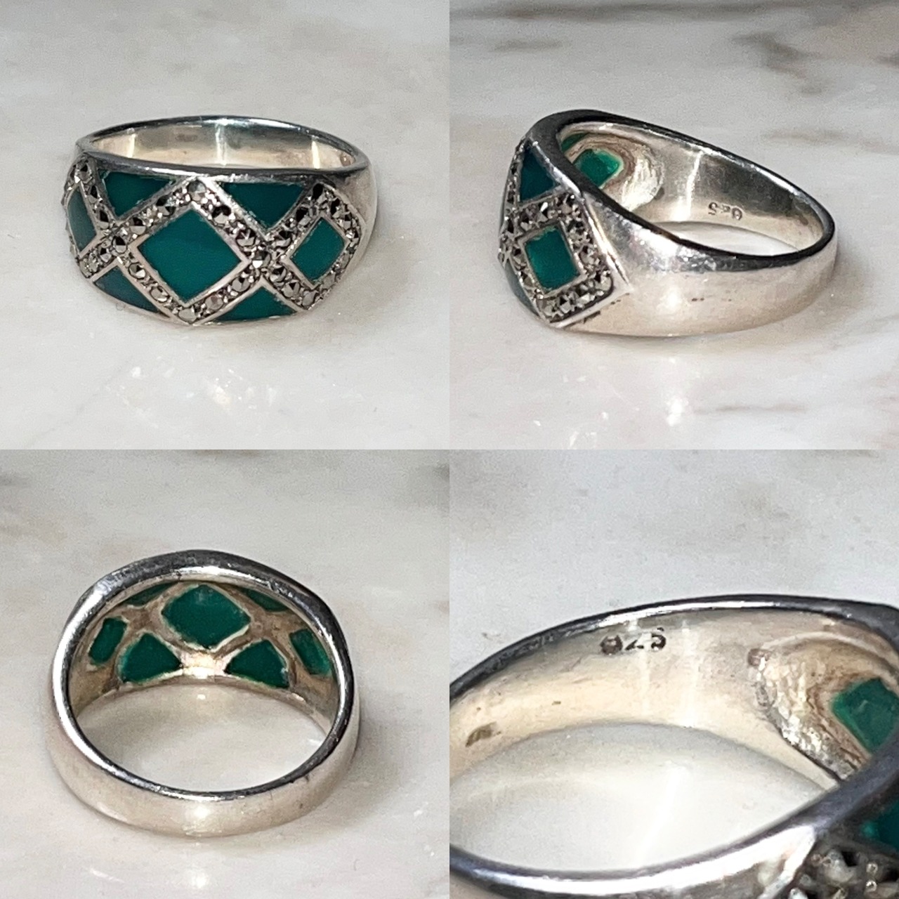 vintage silver green enamel & marcasite ring