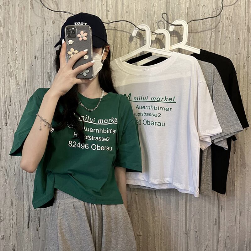 グリーンショートTシャツ サマー薄手ルーズ 夏物 試着室80542561573