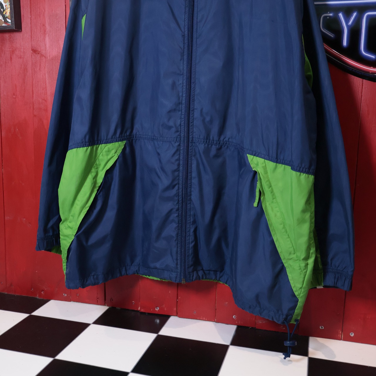 90s NIKE ナイロンジャケット　ネイビー×黄緑　ドローコード　L ナイキ