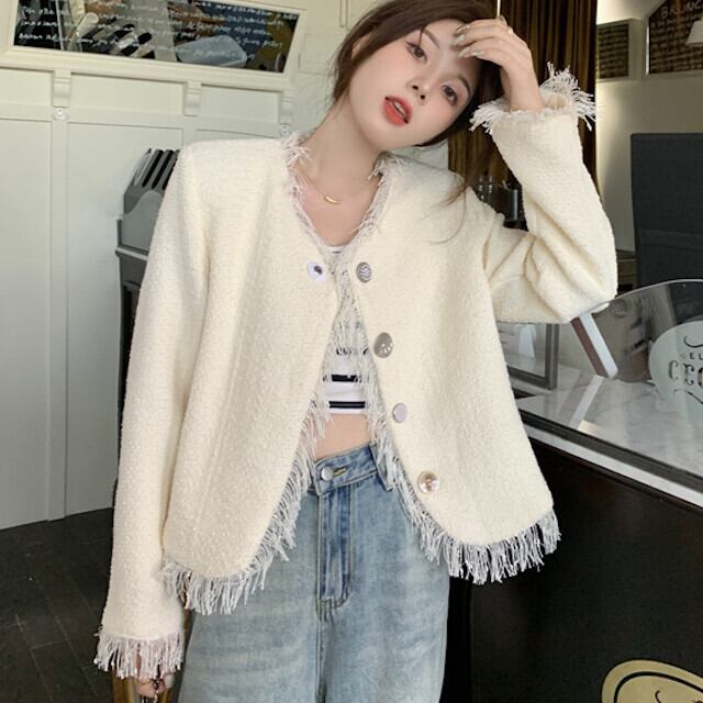 ジャケット ツイード レディース 長袖 春秋 タッセル おしゃれ 大人 かわいい お出かけ お呼ばれ 上品 グレー/ホワイト S/M/L