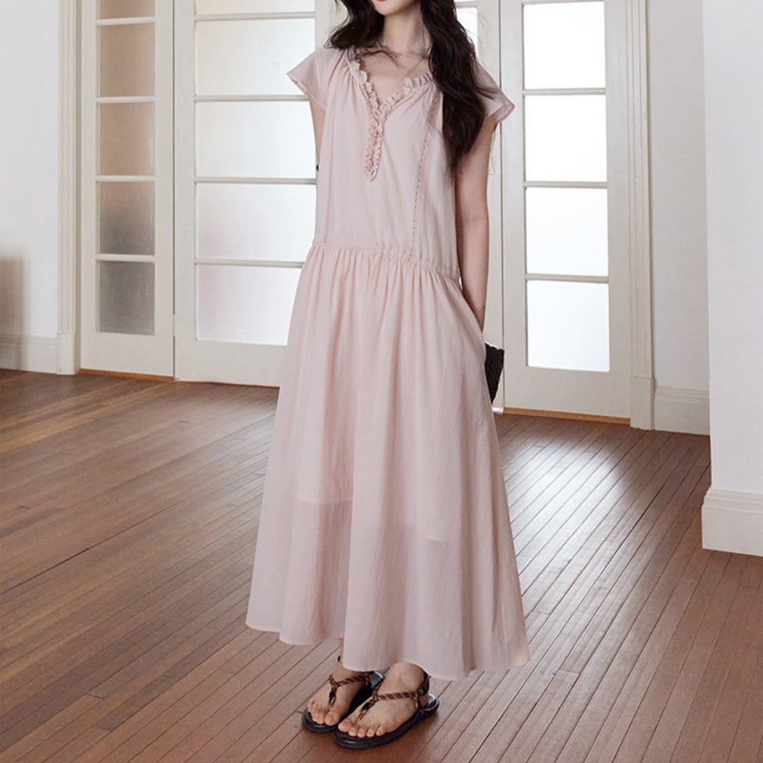 frill neck gathered dress