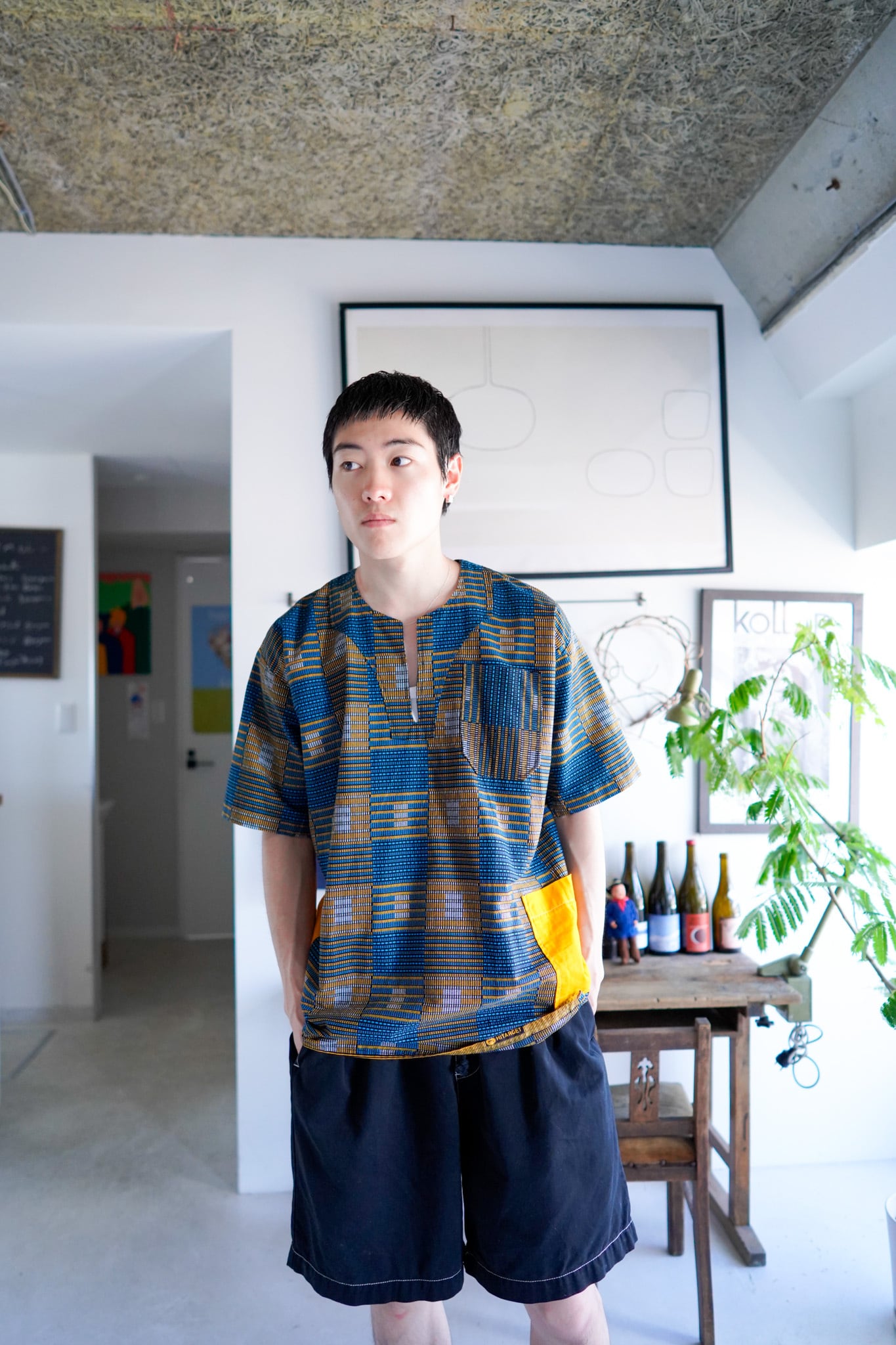 【1970-90s】"African Textile" Shirt Sleeve Smock /5-204