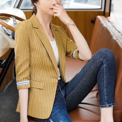ジャケット　ストライプ　カジュアル　春夏　七分丈　通勤　　レディース　BACB0052