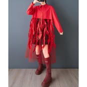 シアー 切替 リーフデザイン ワンピース  00345