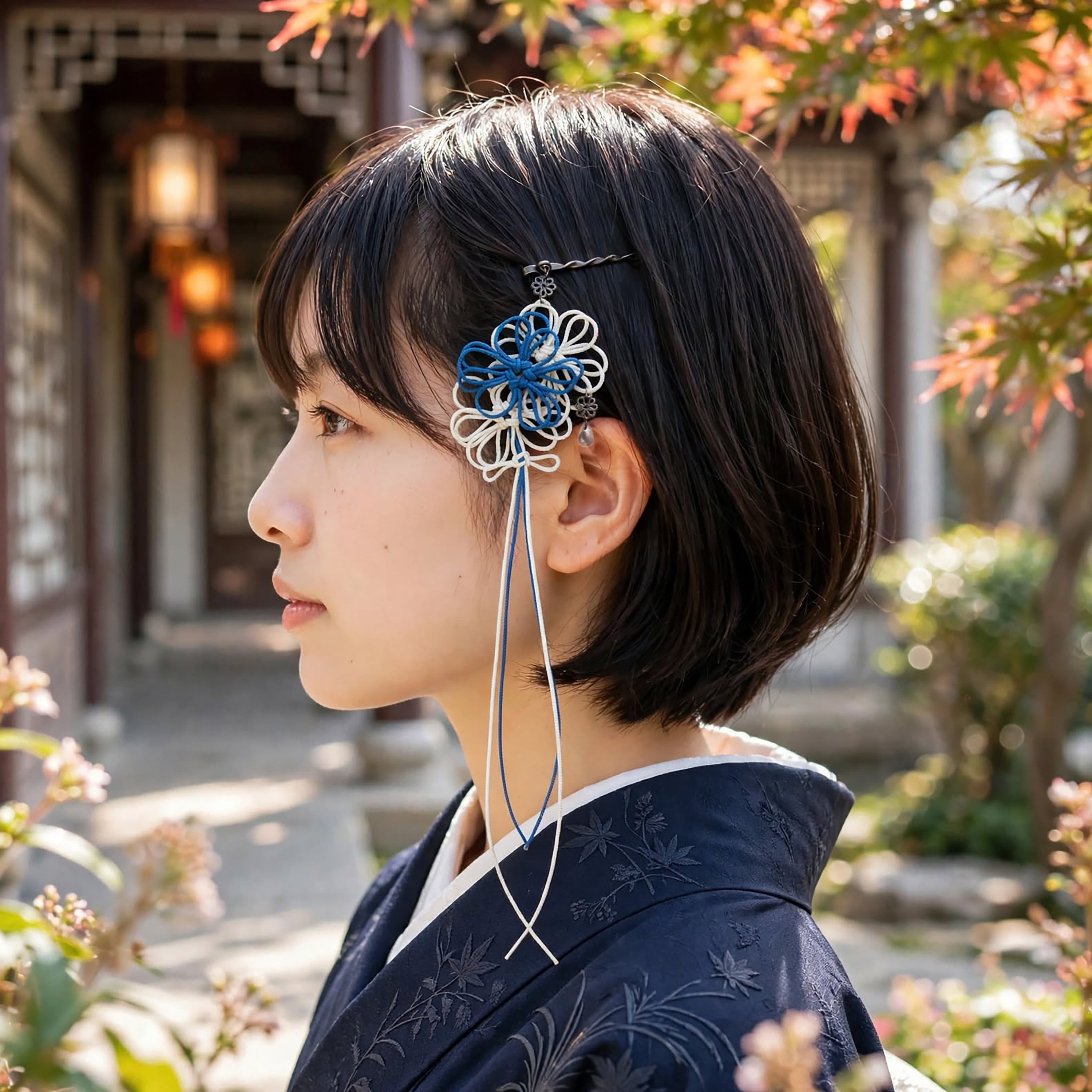 飾り結びヘアピン「輝の雪、此処に」(淡青×アイボリー)【軽量快適】ショートヘアも簡単和風アレンジ。