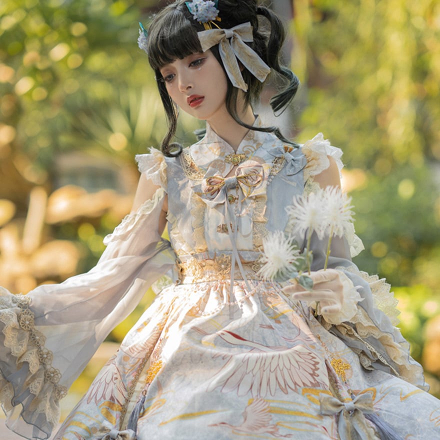 和ゴシック ドレス 鶴柄×姫袖×豪華フリル 赤×黒 中国風｜WithU