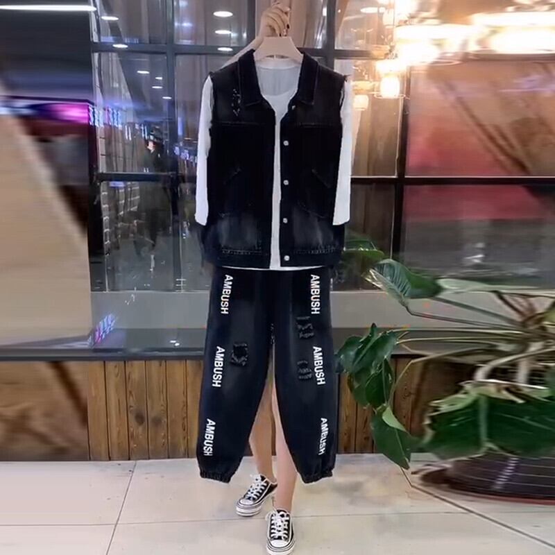 2020年秋新しいプラスサイズの女性の太った姉妹mm痩身デニムベスト破れたパンツツーピーススーツ ミックスインファッション65816289618