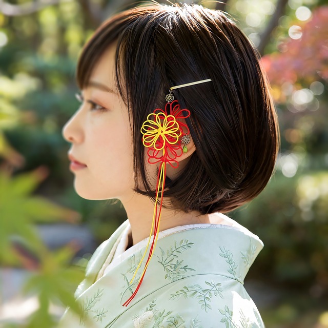 飾り結びヘアピン「香の詩、千々に」（黄×朱）【軽量快適】ショートヘアも簡単和風アレンジ。