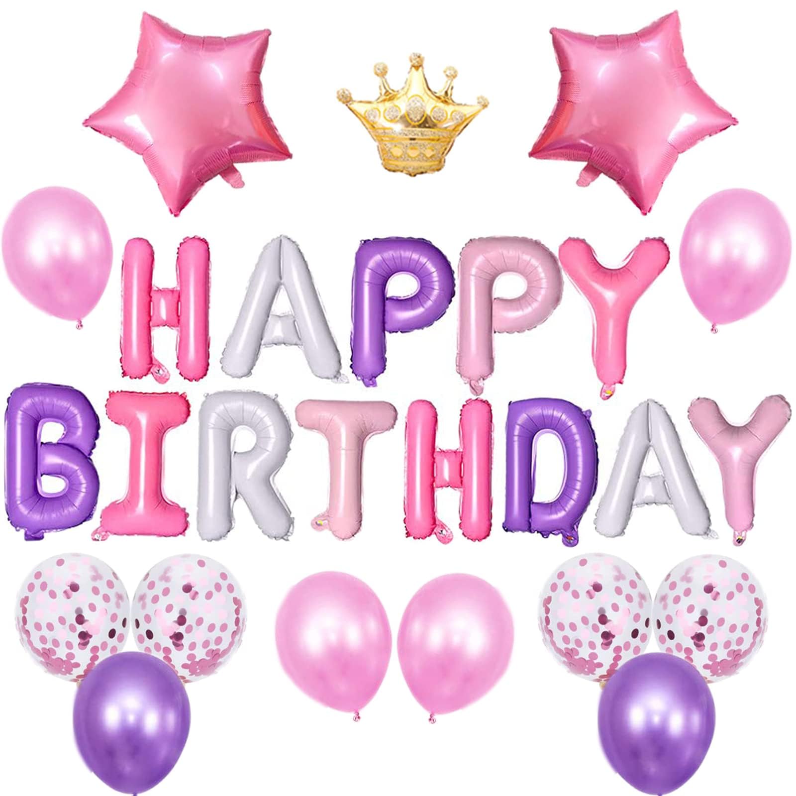 【努力特価】誕生日 飾り付け 女の子 バースデー バルーン30点風船 セット シンプル 飾り Happy Birthday 男の子 王冠 紙吹雪風船 パーティー グッズ かざりつけ (パープル&ピンク)