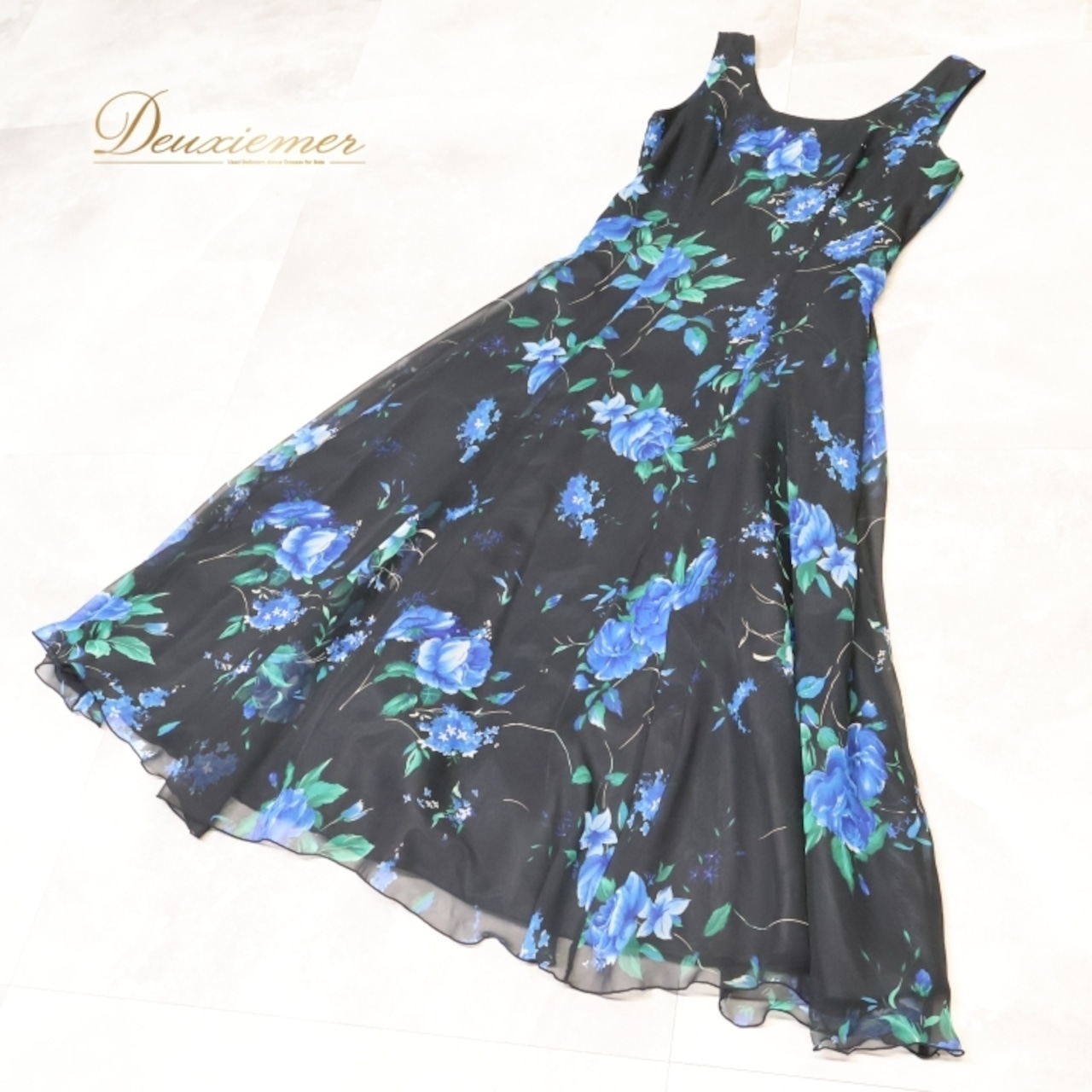 社交ダンス 衣装 チャコット Chacott ワンピース ドレス パーティ 発表会 パーティドレス 黒 青 花柄 軽い 薄い レース 日本製 ブラック系 ブルー系 おしゃれ ふんわり かわいい 上品 フェミニン