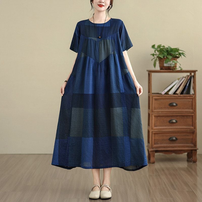 PRINT ROUND NECK SHORT SLEEVE MIDI DRESS M-17793