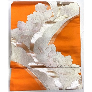 袋帯・牡丹・銀・オレンジ系地・リバーシブル・No.200701-2000・梱包サイズ60