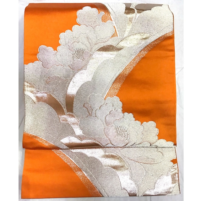 袋帯・牡丹・銀・オレンジ系地・リバーシブル・No.200701-2000・梱包サイズ60
