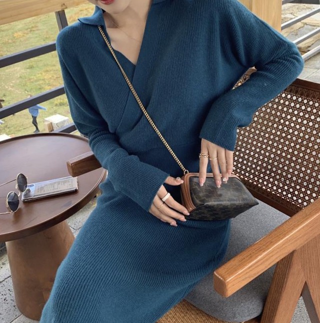 【dress】Vネック折り襟ニットワンピース　M17909