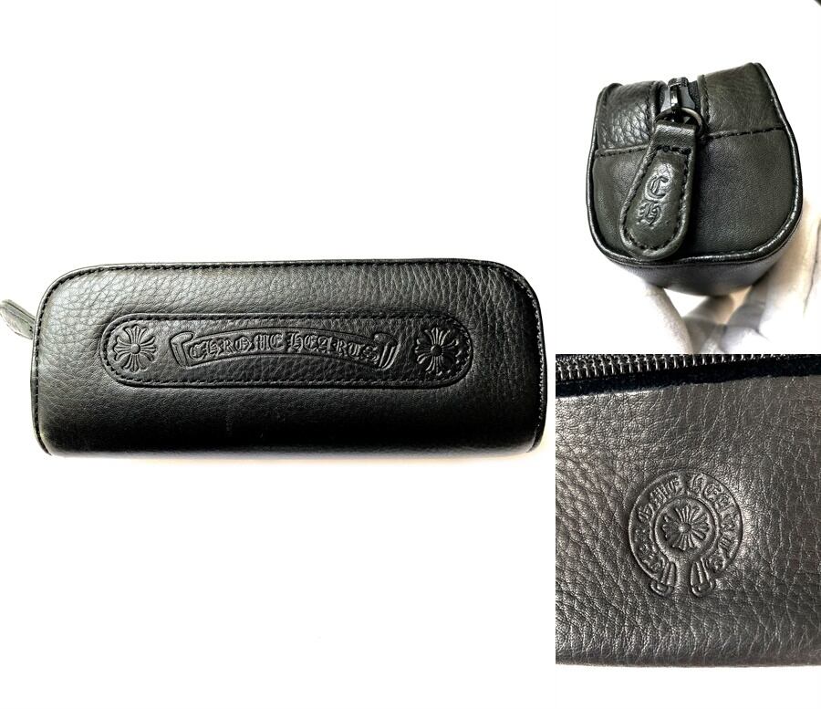 2000年代 美品 クロムハーツ CHROME HEARTS 旧型 スクロールロゴ CHクロス レザー ポーチ ケース 小物入れ 黒