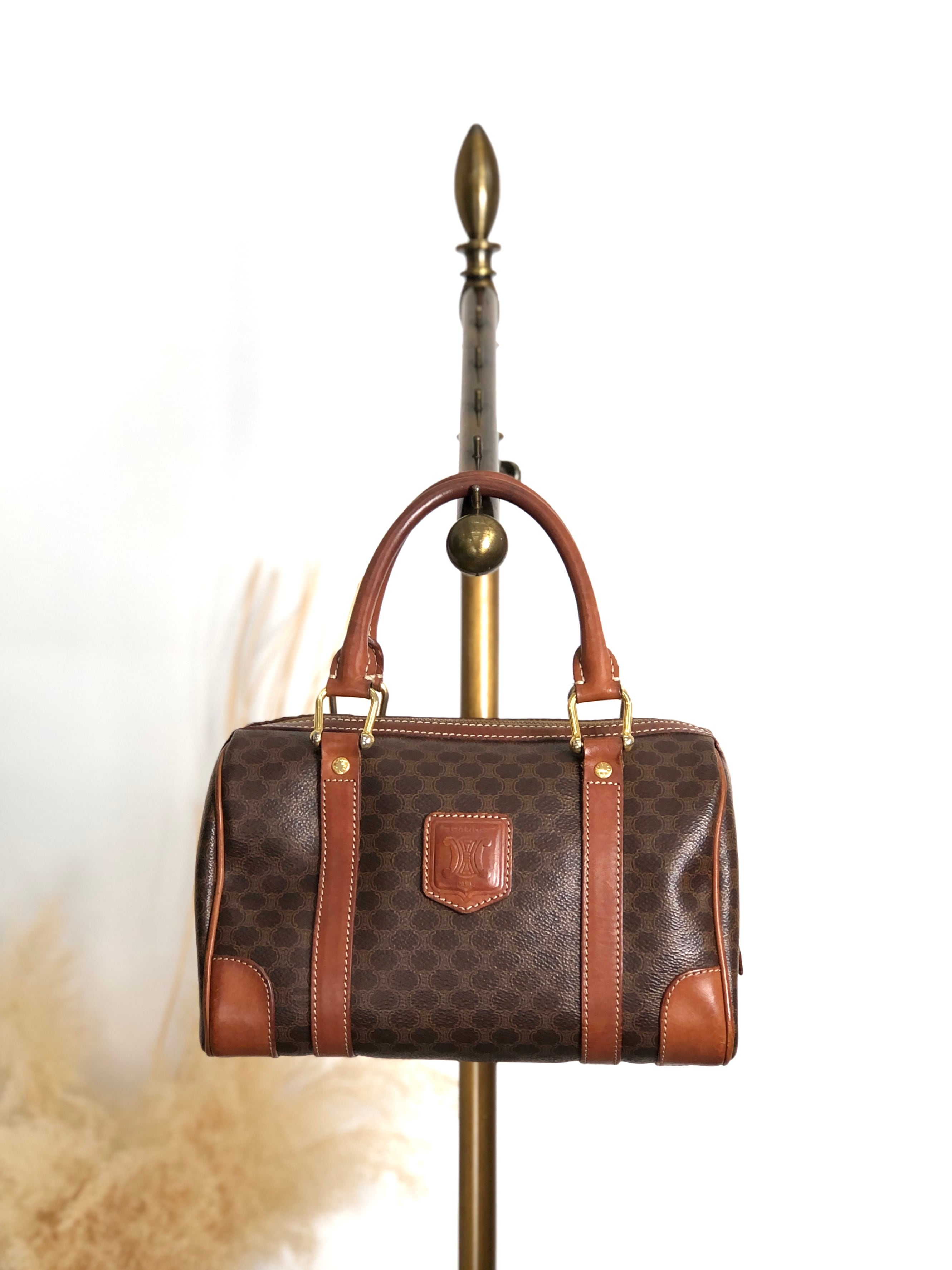 CELINE セリーヌ マカダム ハンドバッグ ブラウン ブラゾン型押し PVC ミニボストン vintage ヴィンテージ オールド ezay86