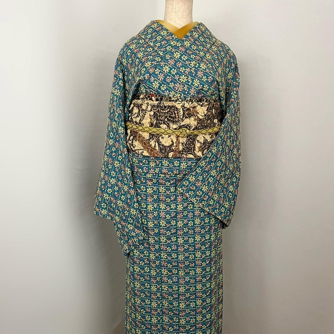 納期1-2ヶ月・要問合せ】着物 単衣 刺繍 レトロ ターコイズ 花 きもの  