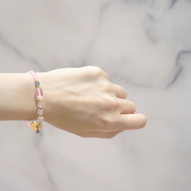【Blooming Pink Roses】水紋天珠×ローズクォーツ×ジルコニア×アクアマリン ブレスレット