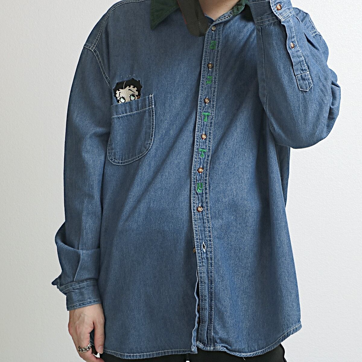 00s BETTY BOOP ベティー・ブープ 刺繍 襟 コーデュロイ シャンブレー シャツ 古着 used