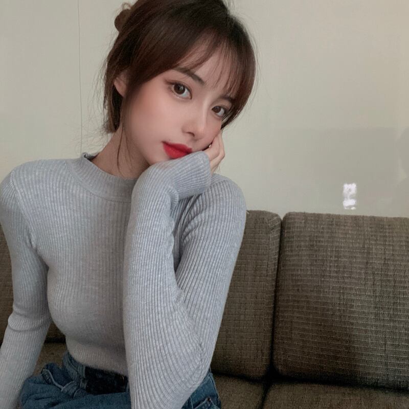 ニット スプリングオータムグレーセーター スリムトップス ロング 春物 秋物 ブラックストロベリース34009080789