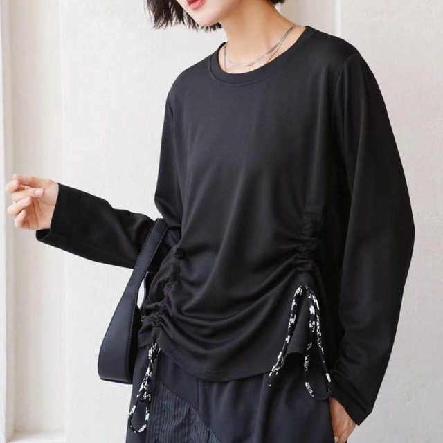 Bicolor drawstring long sleeve tops 2 colors　V3147