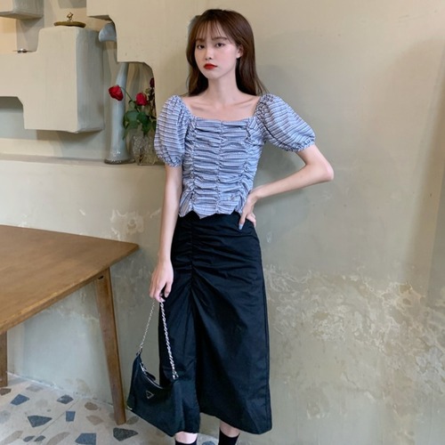 ✞ プリーツウエストすっきり☆着痩せスリーブシャツブラウスサイドスカート スクウェア ✞ゴスロリ SM ミリ 甘ロリ クラロリ 和ロリ エレガント 黒ロリ 姫ロリ 華ロリ BB-BB1326790