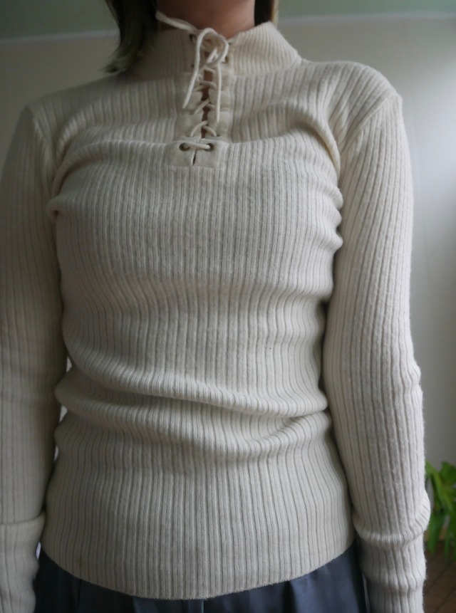 70s-80s Lace-Up High Neck Rib Knit