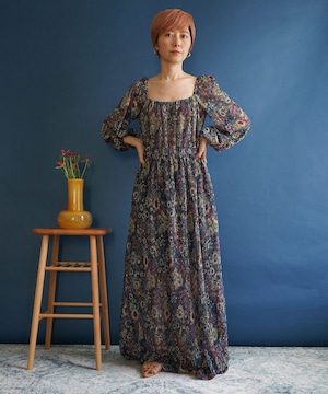 【送料無料】70's  Sheer maxi dress Lace jersey Balloon sleeves Bohemian dress