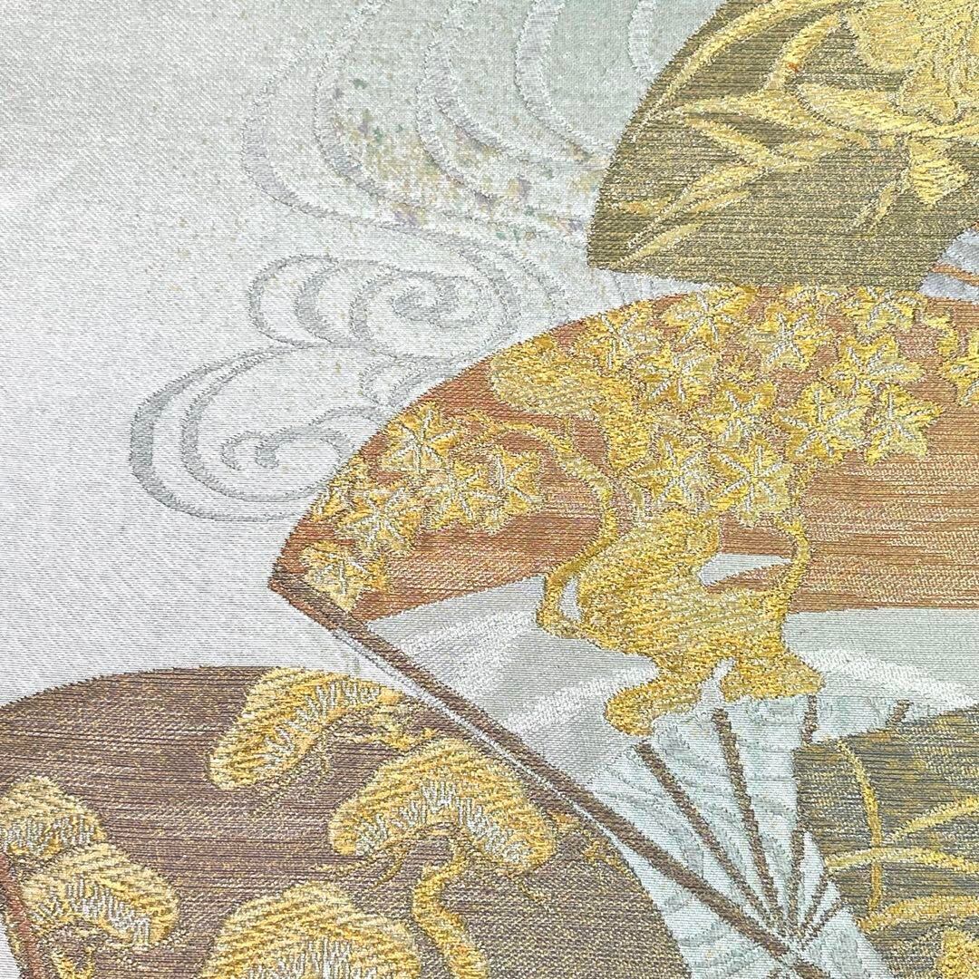 袋帯 琳派流水扇文 扇子に流水模様 金銀糸 白緑色 O-3892 | リユース  