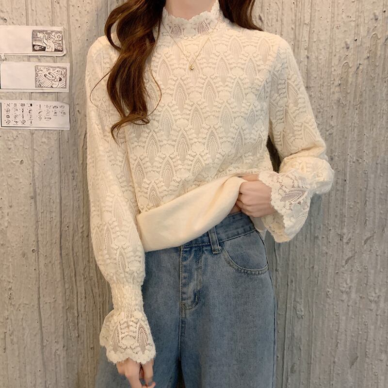 スタイルレースシャツ レディーススプリングベルベットプルオーバー トップス ロング 春物 スーパーモール61778402889