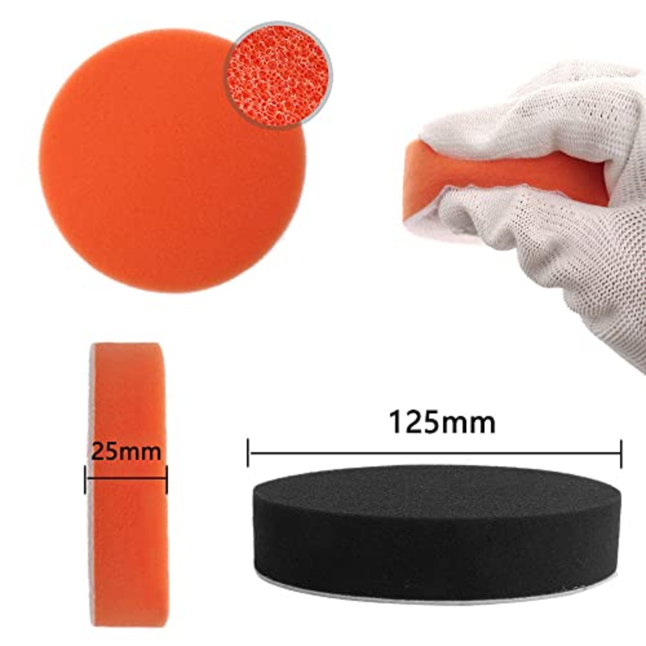 スポンジバフ 洗車 125mm 電動ポリッシャー用 研磨スポンジ ウレタンバフ 車磨き用 ワックスがけ スポンジバフ 研磨バフ ポリッシャーバフ 平型スポンジ マジックテープ式 8個セット (ブラック+オレンジ)