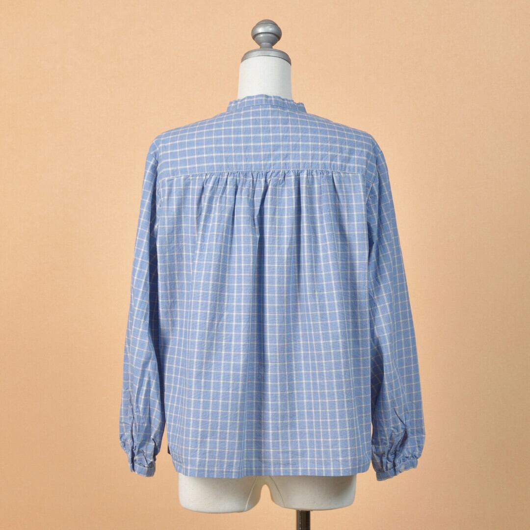 Sarahwear サラウエア 「Marin」パターンポプリン・ボウタイブラウス C52911・ブルーチェック 可愛過ぎないギャザーブラウスです。