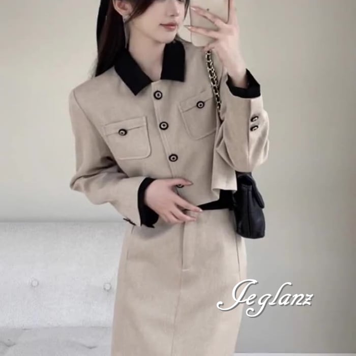 セットアップ 2点 クロップド丈 襟付き ジャケット タイト 配色 きちんと感(M5951)ιλ