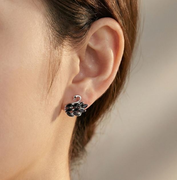 18K RGP プラチナ ダイヤ CZ ブラック スワン ピアス yp4760 | Rainbow